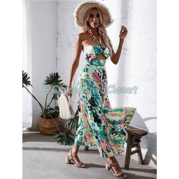 Vacation Allover Print Cut Out Front Ruffle Halter Backless Maxi Dress L 8/ 10 - Picture 6 of 6